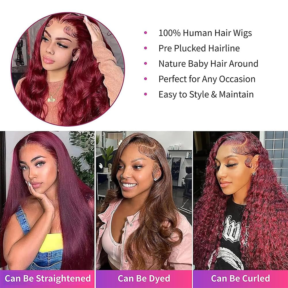 99J Burgundy Lace Front Wigs Human Hair 13X4~ 180 Density HD Transparent Glueless ~ Pre Plucked Wig with Baby Hair 22 Inch