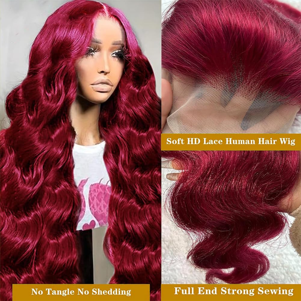 99J Burgundy Lace Front Wigs Human Hair 13X4~ 180 Density HD Transparent Glueless ~ Pre Plucked Wig with Baby Hair 22 Inch