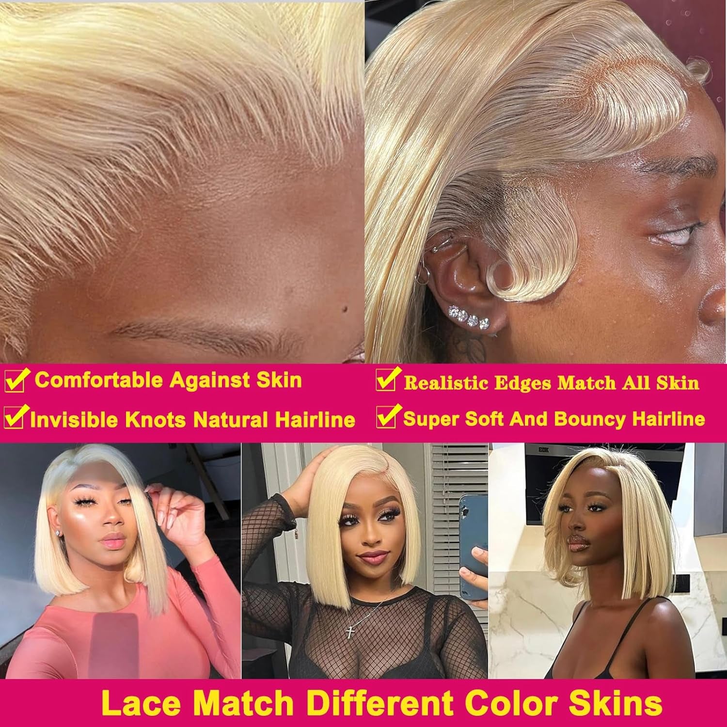 613 Blonde Wig Human Hair wig _ 13×4 HD Transparent 613 Lace Front Wig_ Human Hair Pre Plucked with Baby Hair 180% Density Wig for Women_ Blonde Bob Wig 8 Inch Straight Bob Wig
