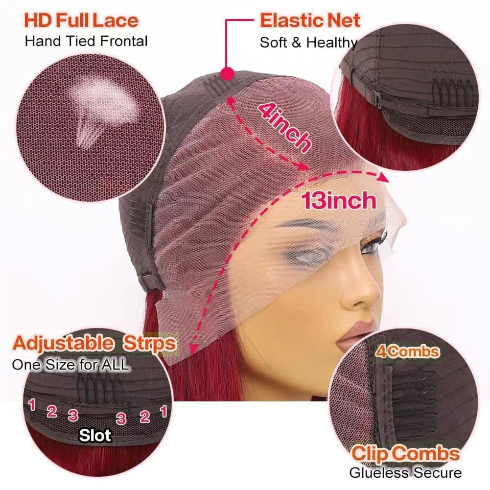 99J Burgundy Lace Front Wigs Human Hair 13X4~ 180 Density HD Transparent Glueless ~ Pre Plucked Wig with Baby Hair 22 Inch