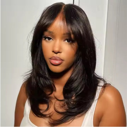 Pre Cut  Lace Wavy Layered Cut Glueless Wig With Curtain Bangs Human Hair Wig