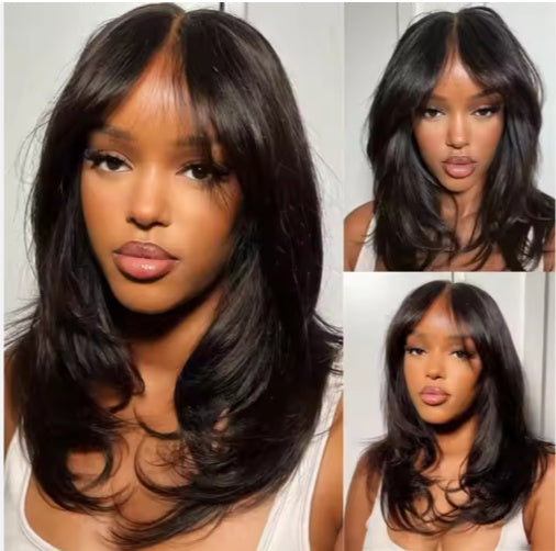 Pre Cut  Lace Wavy Layered Cut Glueless Wig With Curtain Bangs Human Hair Wig