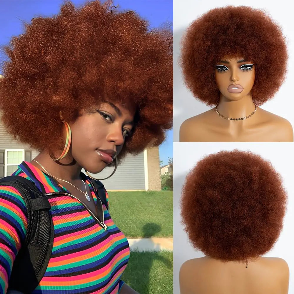 Rebecca Q Afro Human Hair Wigs 70s Short Afro Wig for Black Women Short Kinky Curly Glueless wig with Bangs for Daily Cosplay Party (Reddish Brown)