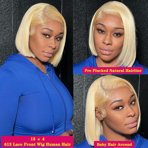 613 Blonde Wig Human Hair wig _ 13×4 HD Transparent 613 Lace Front Wig_ Human Hair Pre Plucked with Baby Hair 180% Density Wig for Women_ Blonde Bob Wig 8 Inch Straight Bob Wig