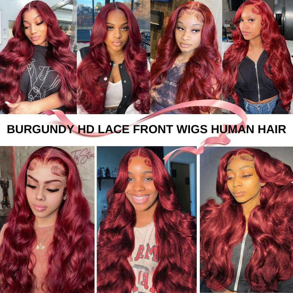 99J Burgundy Lace Front Wigs Human Hair 13X4~ 180 Density HD Transparent Glueless ~ Pre Plucked Wig with Baby Hair 22 Inch